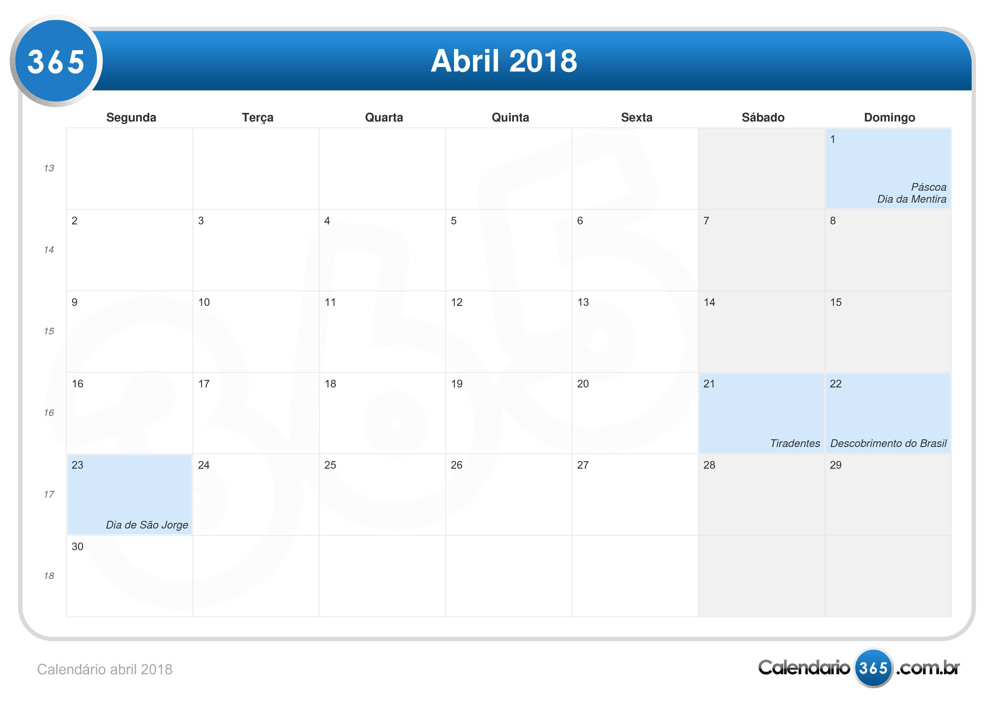 Calendário abril 2018