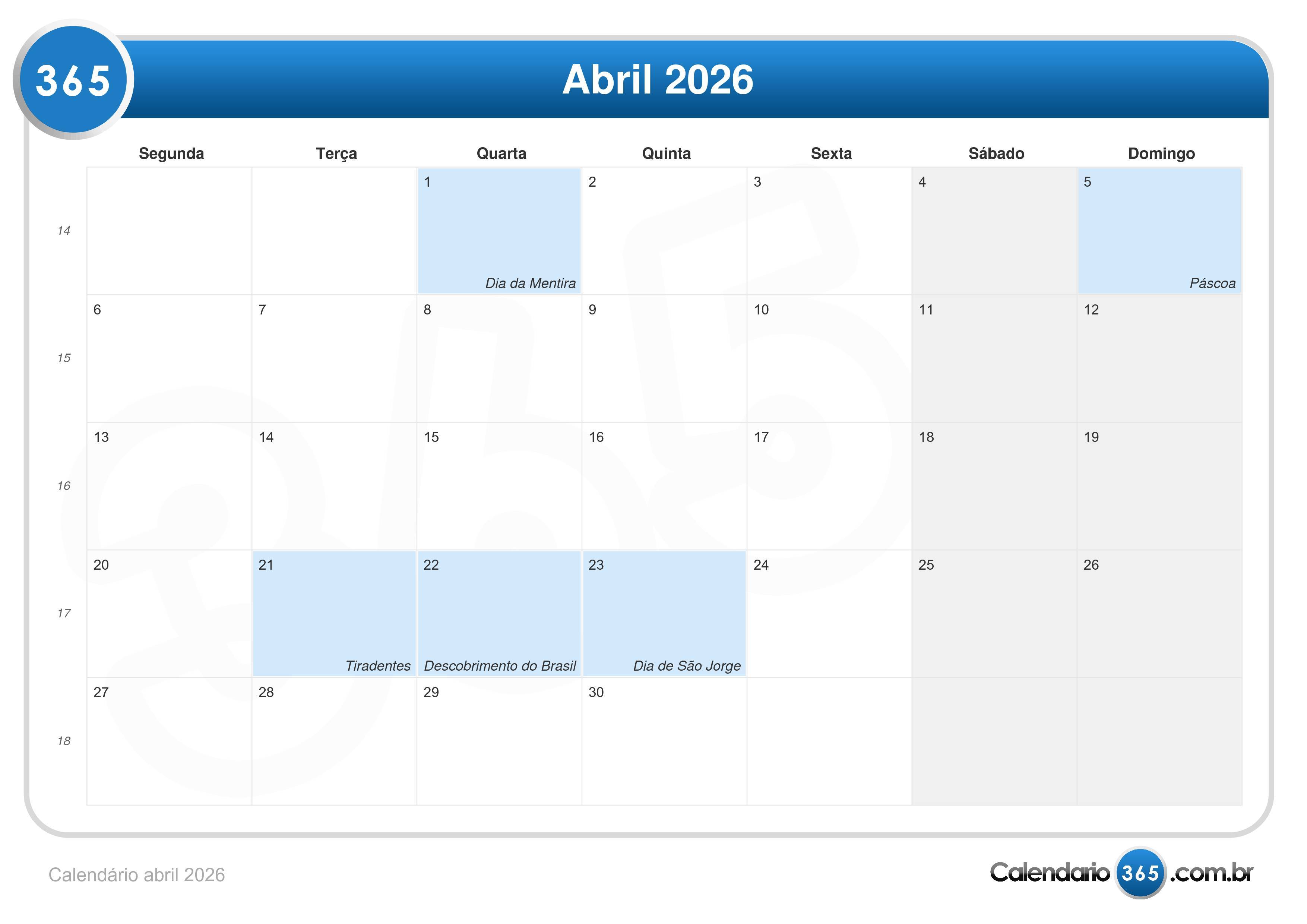 Calendário abril 2026