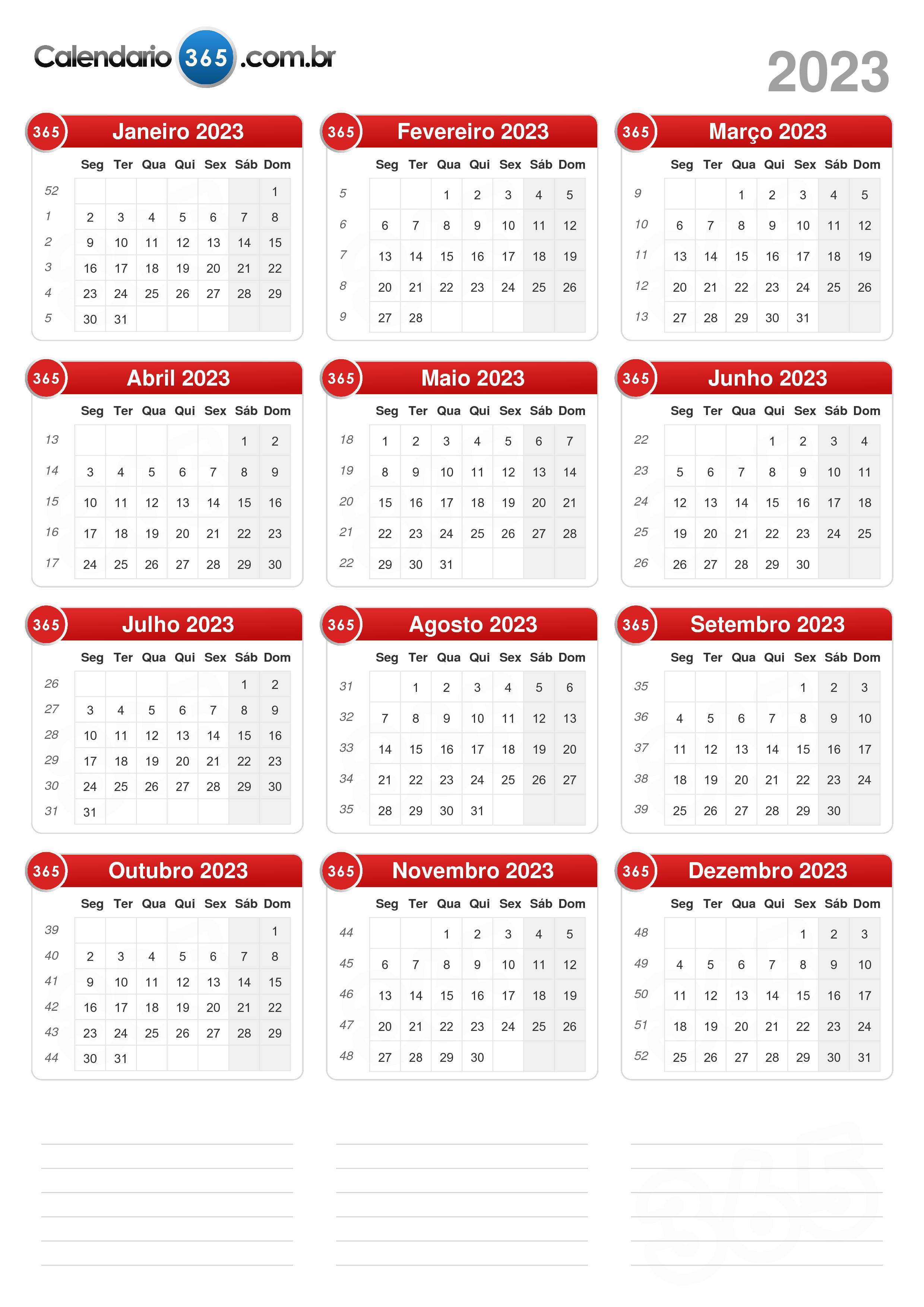 Calendário 2023 para o ano com meses semanas dias fins de semana e dias  úteis