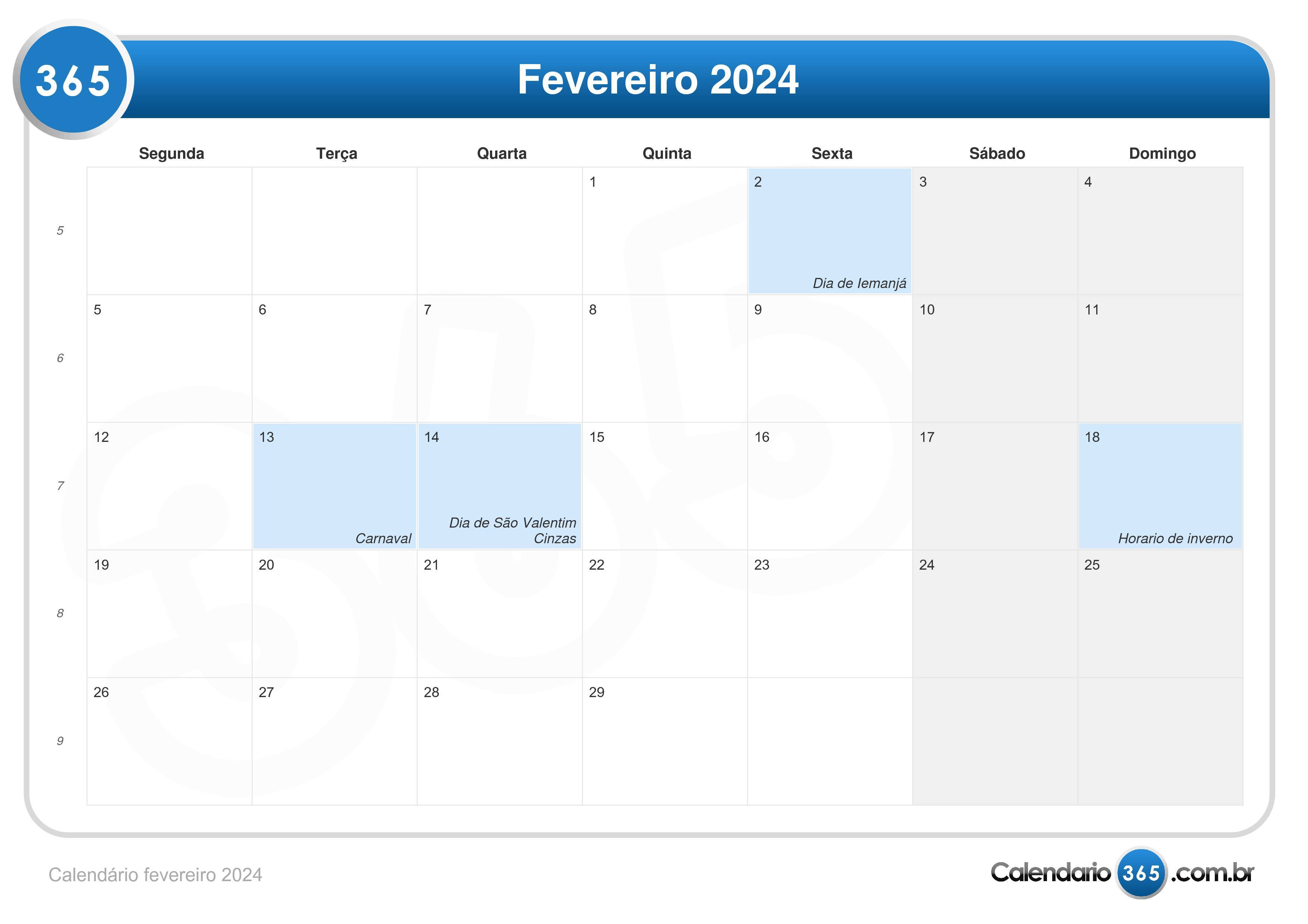 Calendário fevereiro 2024