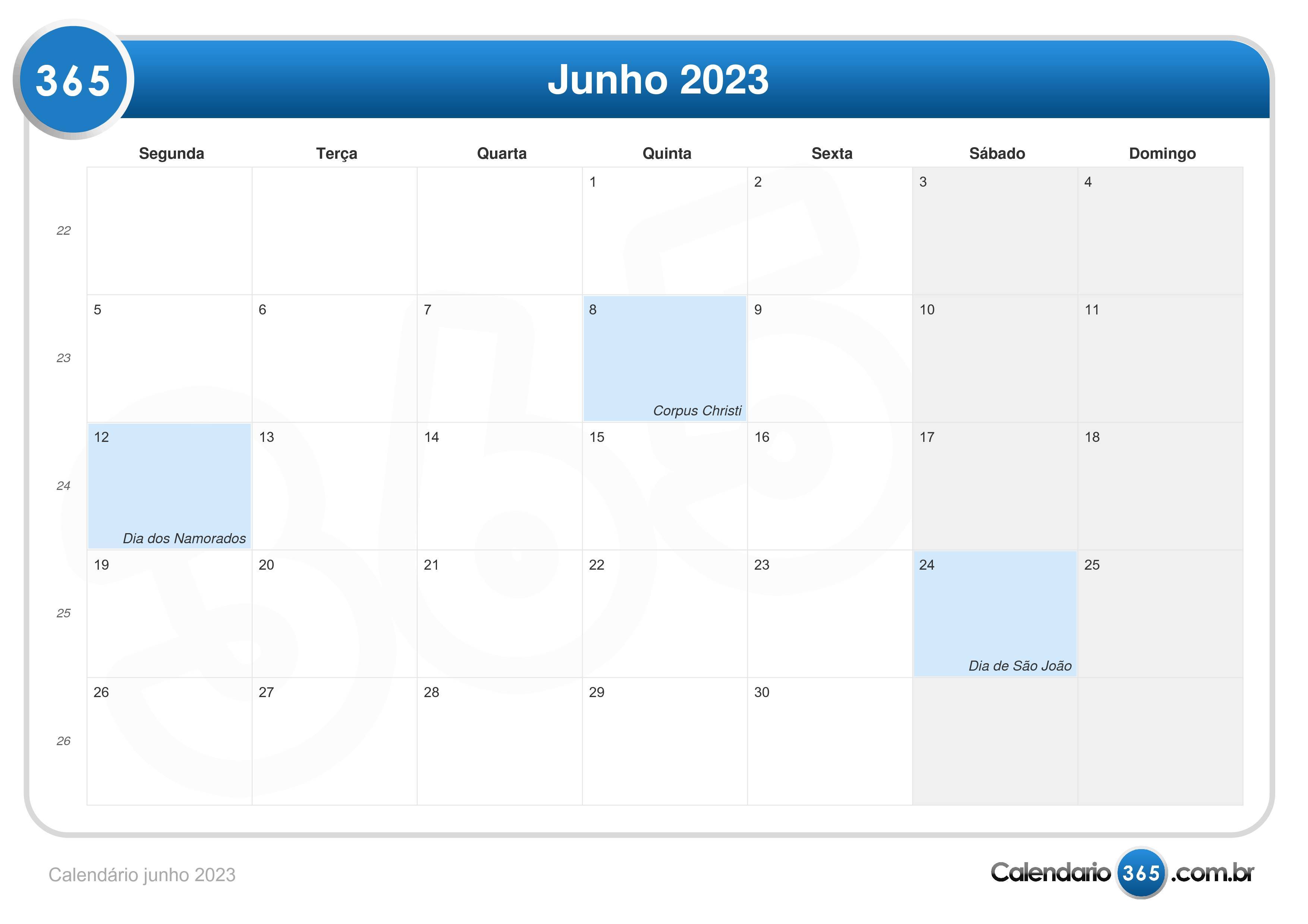 Calendário junho 2023