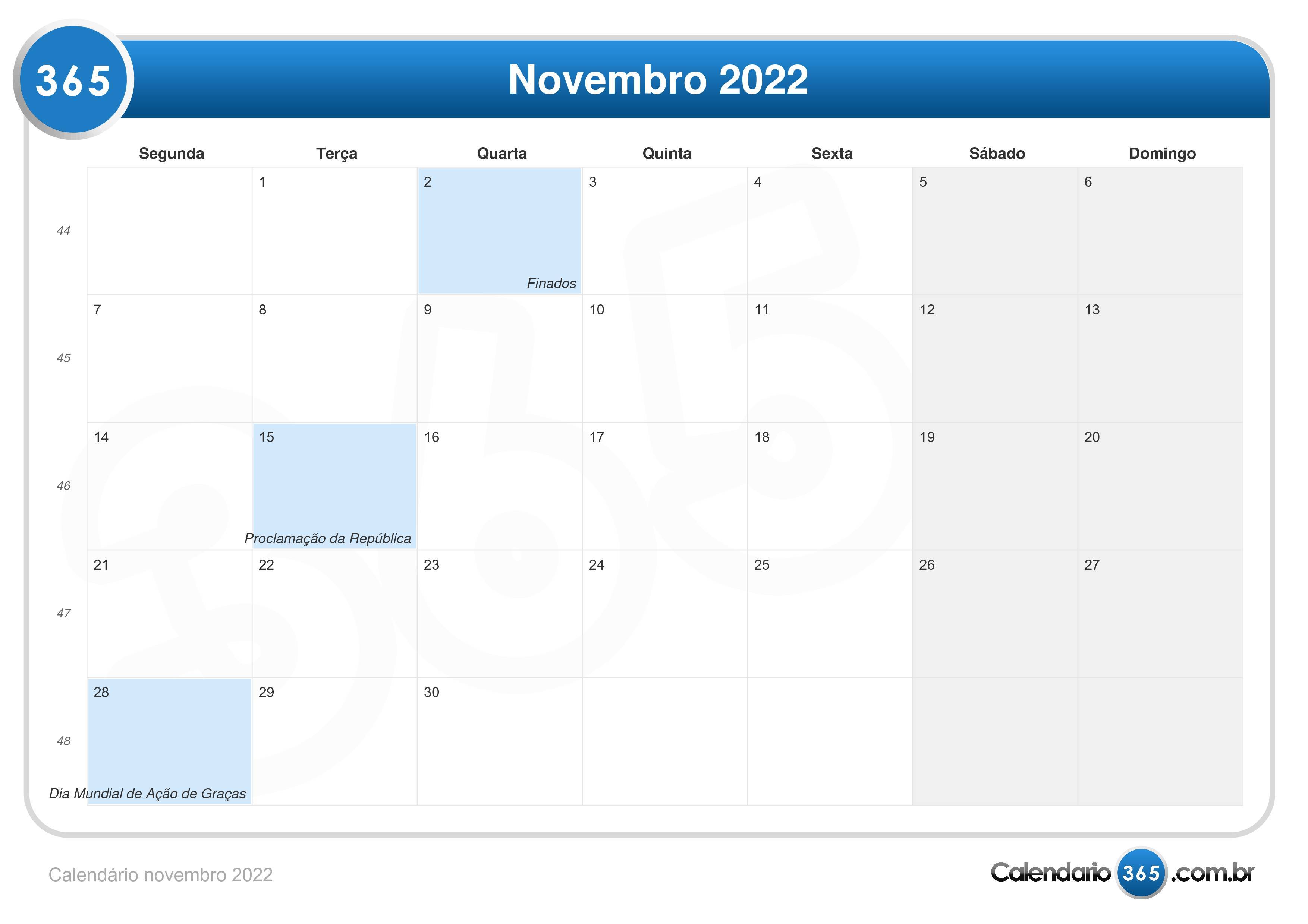 Calendário de novembro de 2022 com feriados nacionais fases da lua