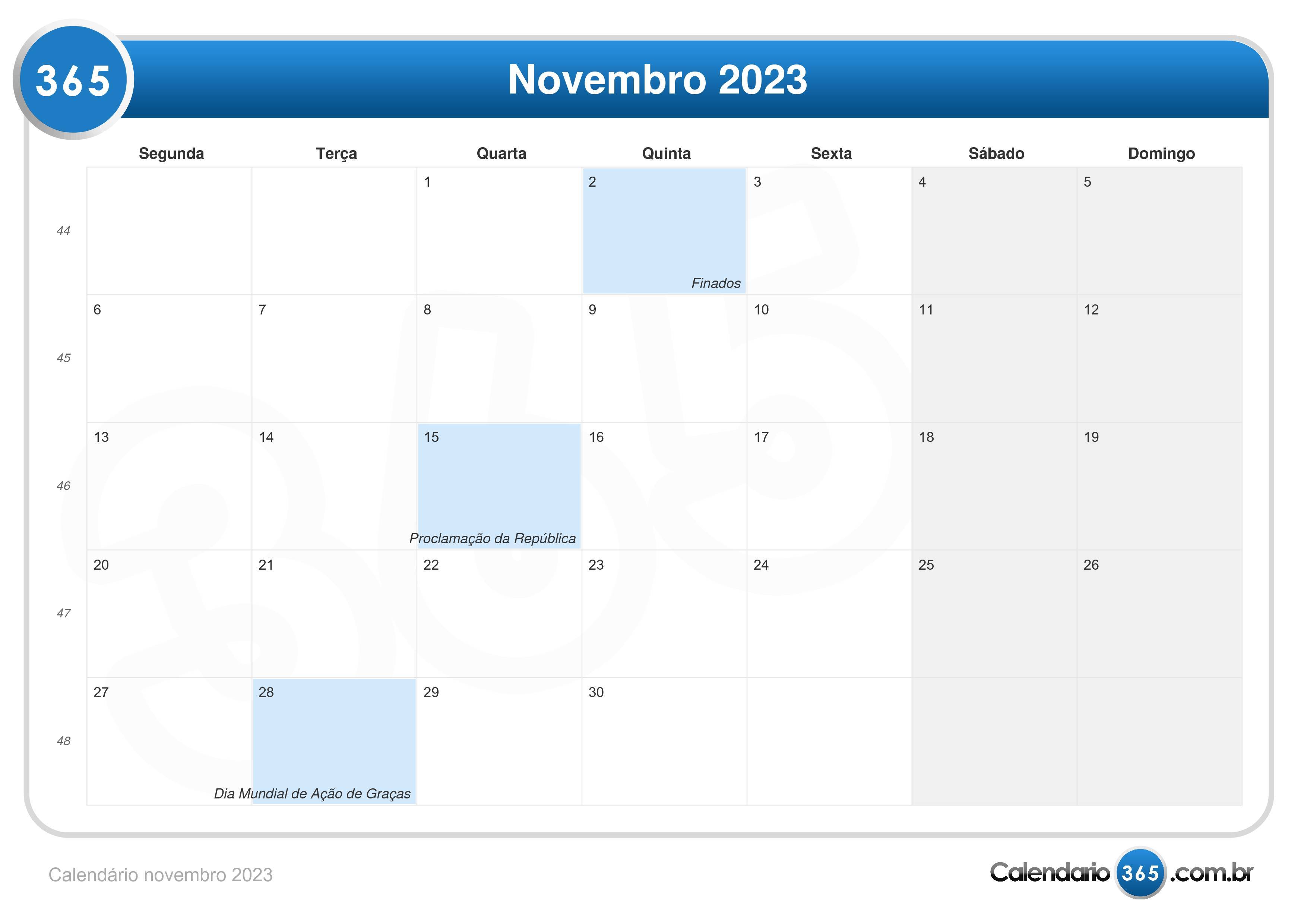 novembro de 2023. folha de calendário com os símbolos do ano que
