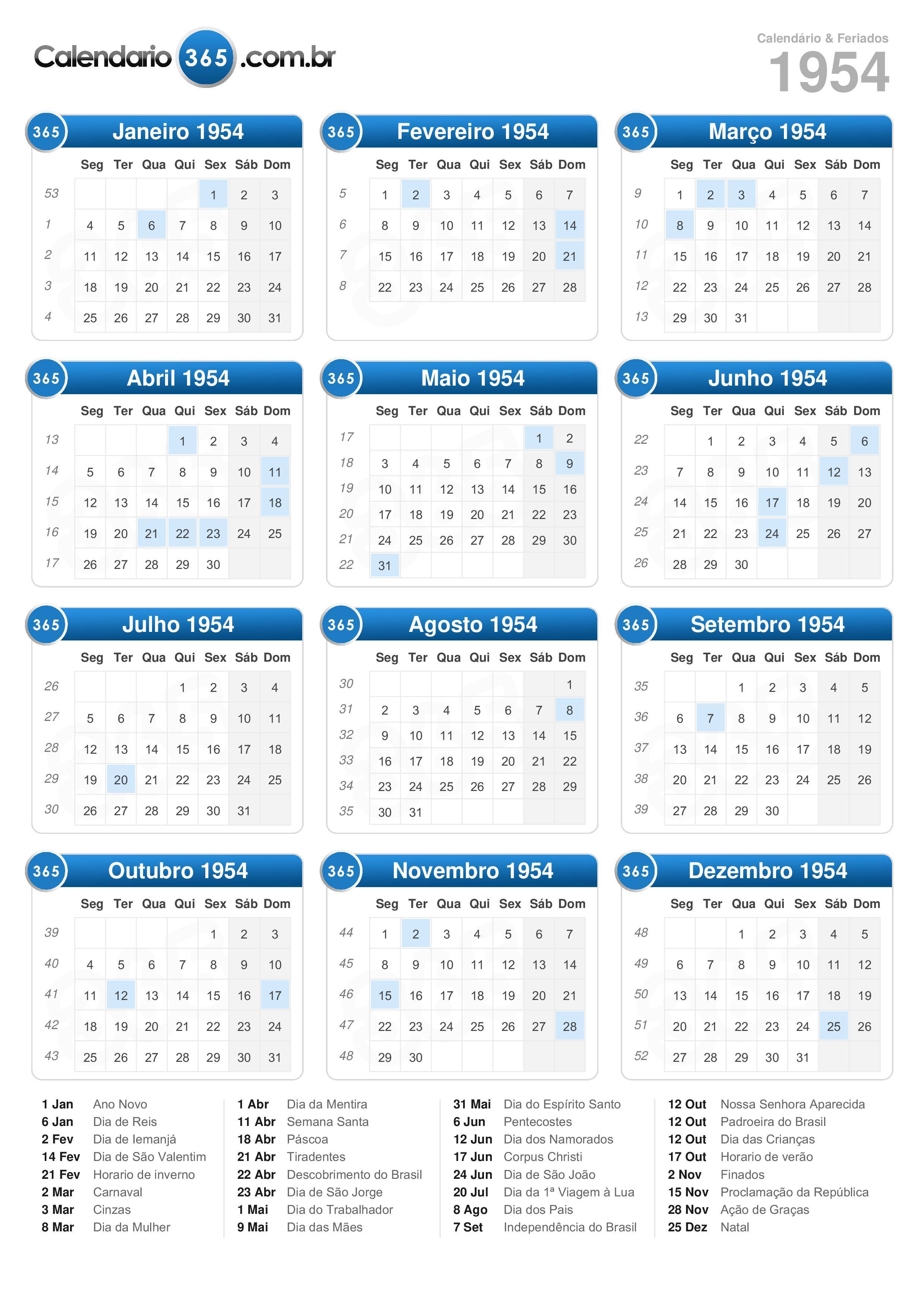 Calendário 1954