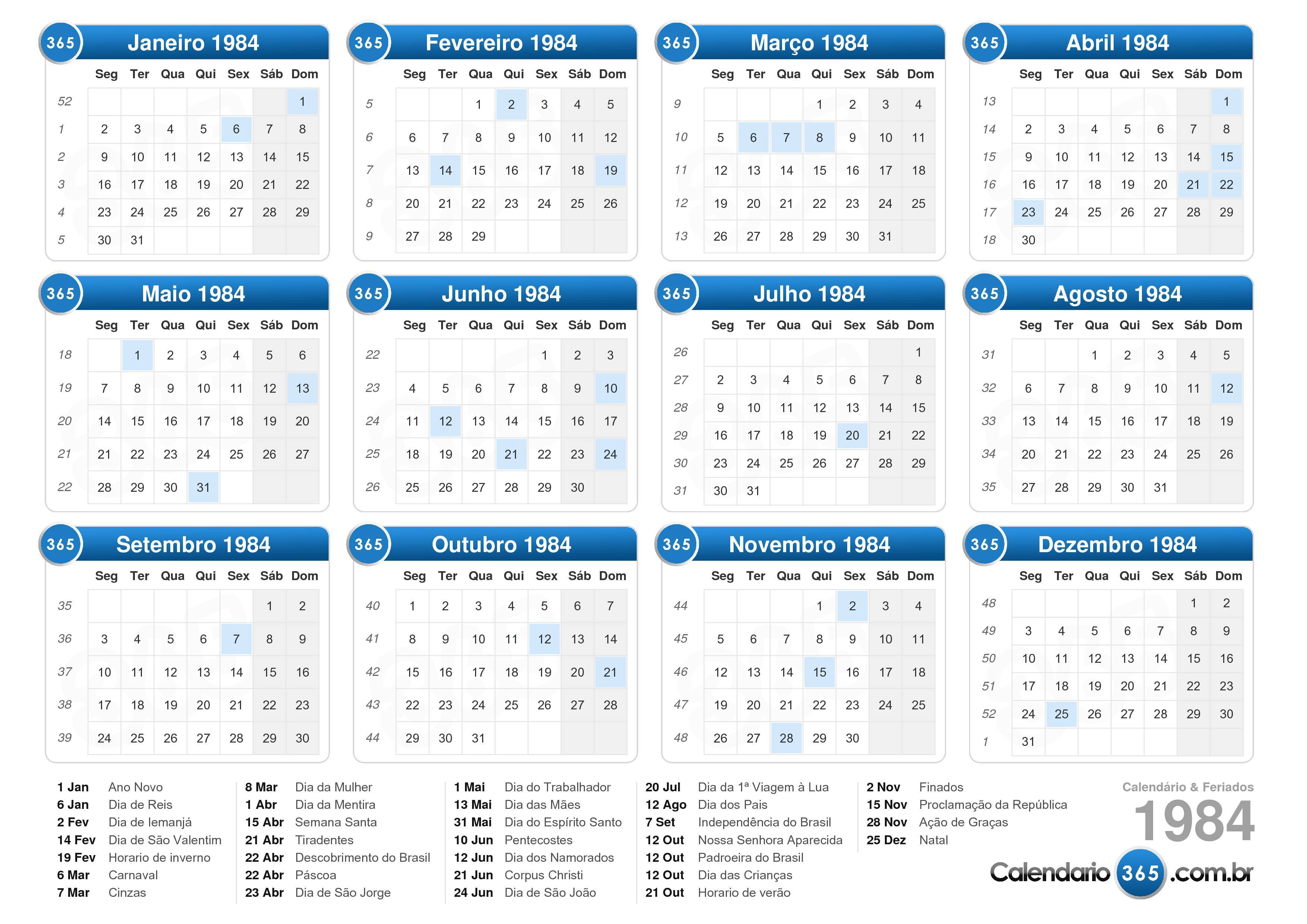 Calendário 1984