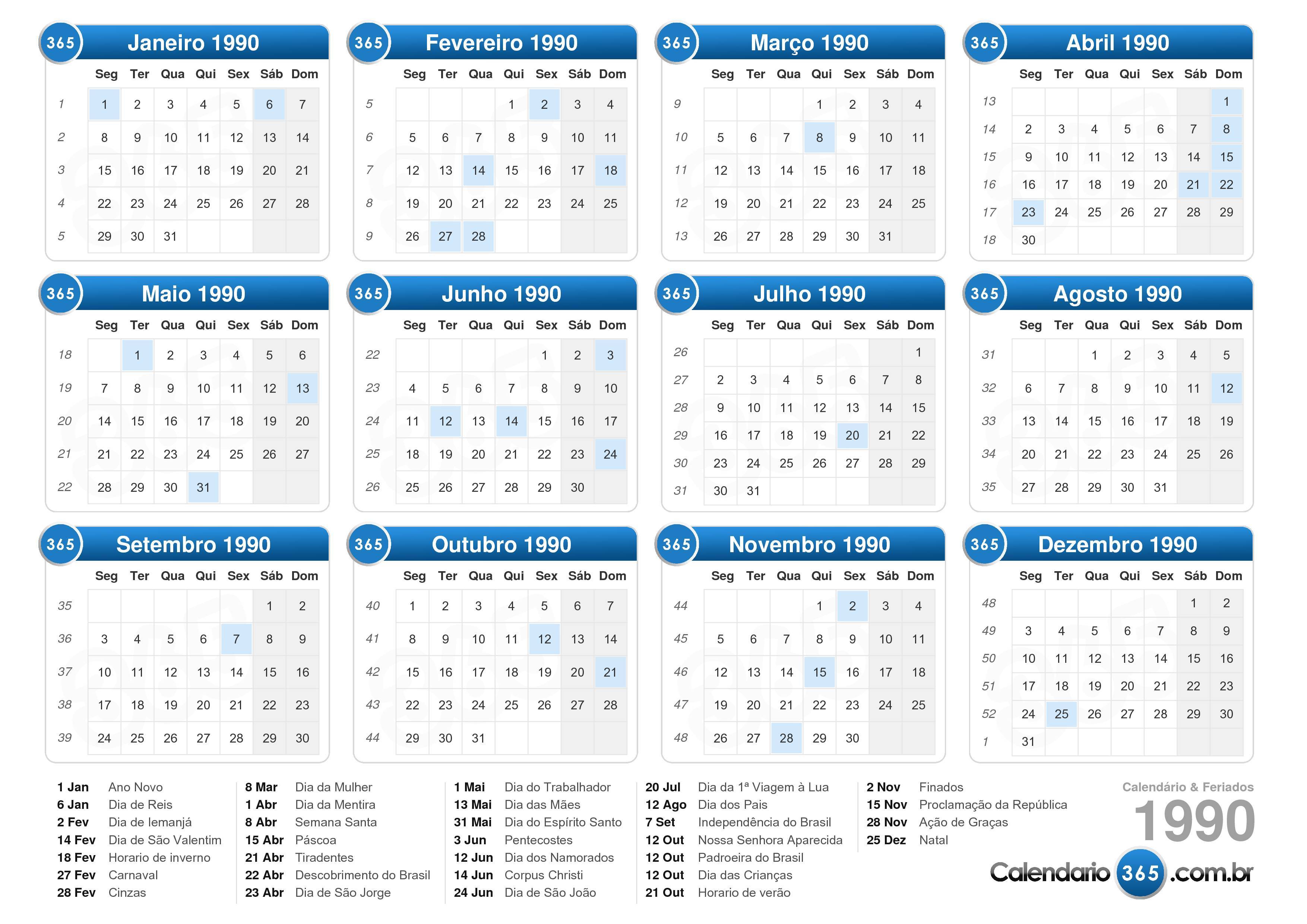 Calendário 1990