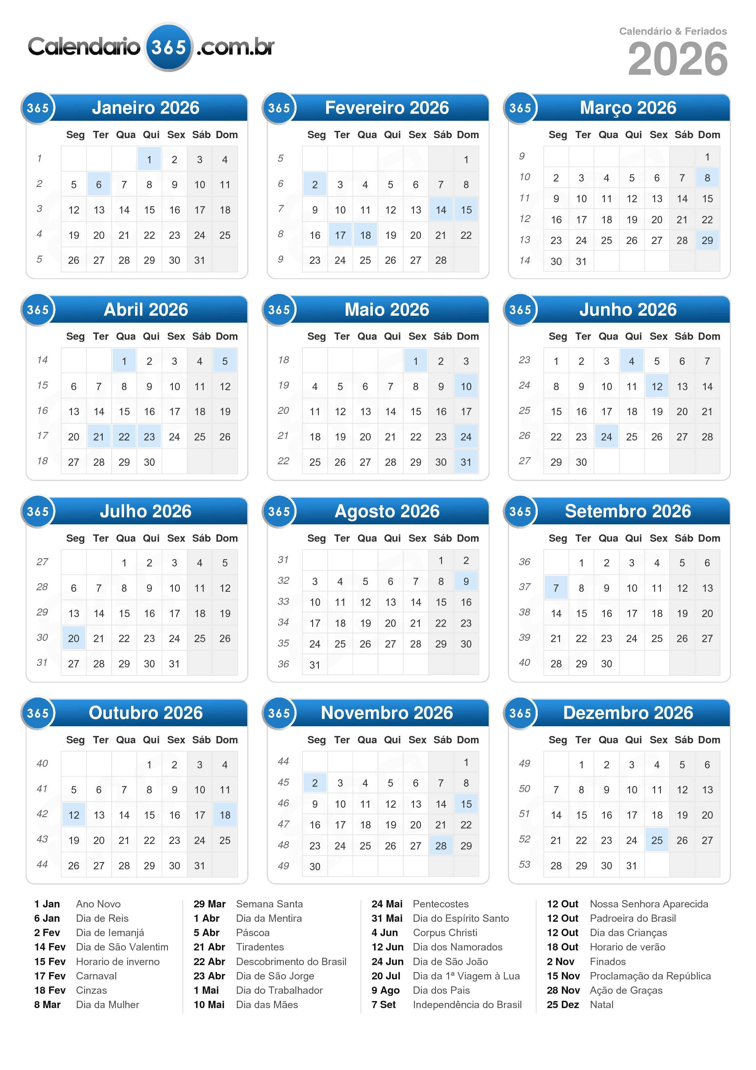 Calendário 2026