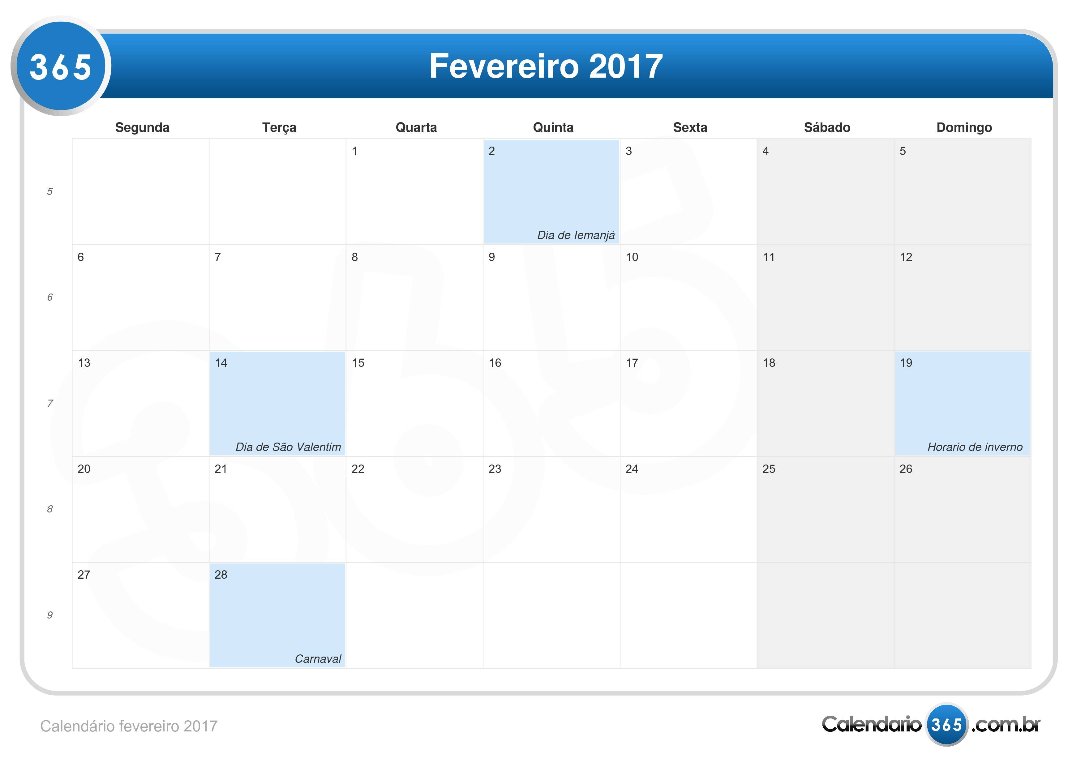 Calendário fevereiro 2017