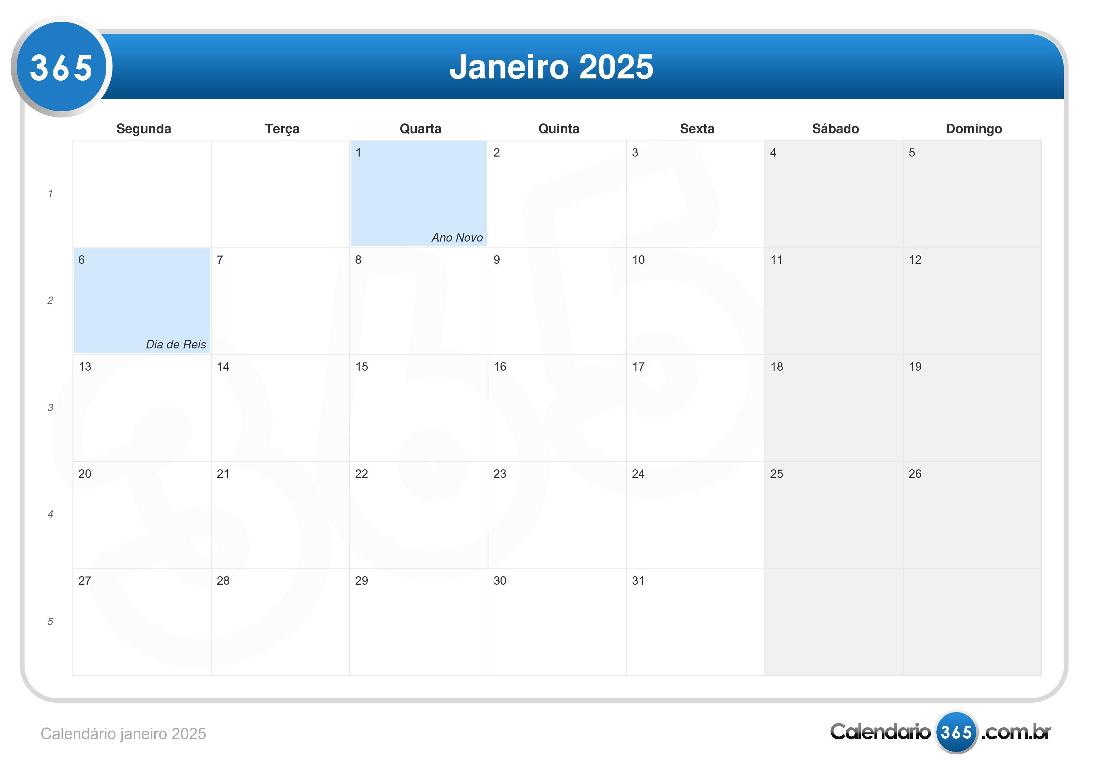 Calendário janeiro 2025