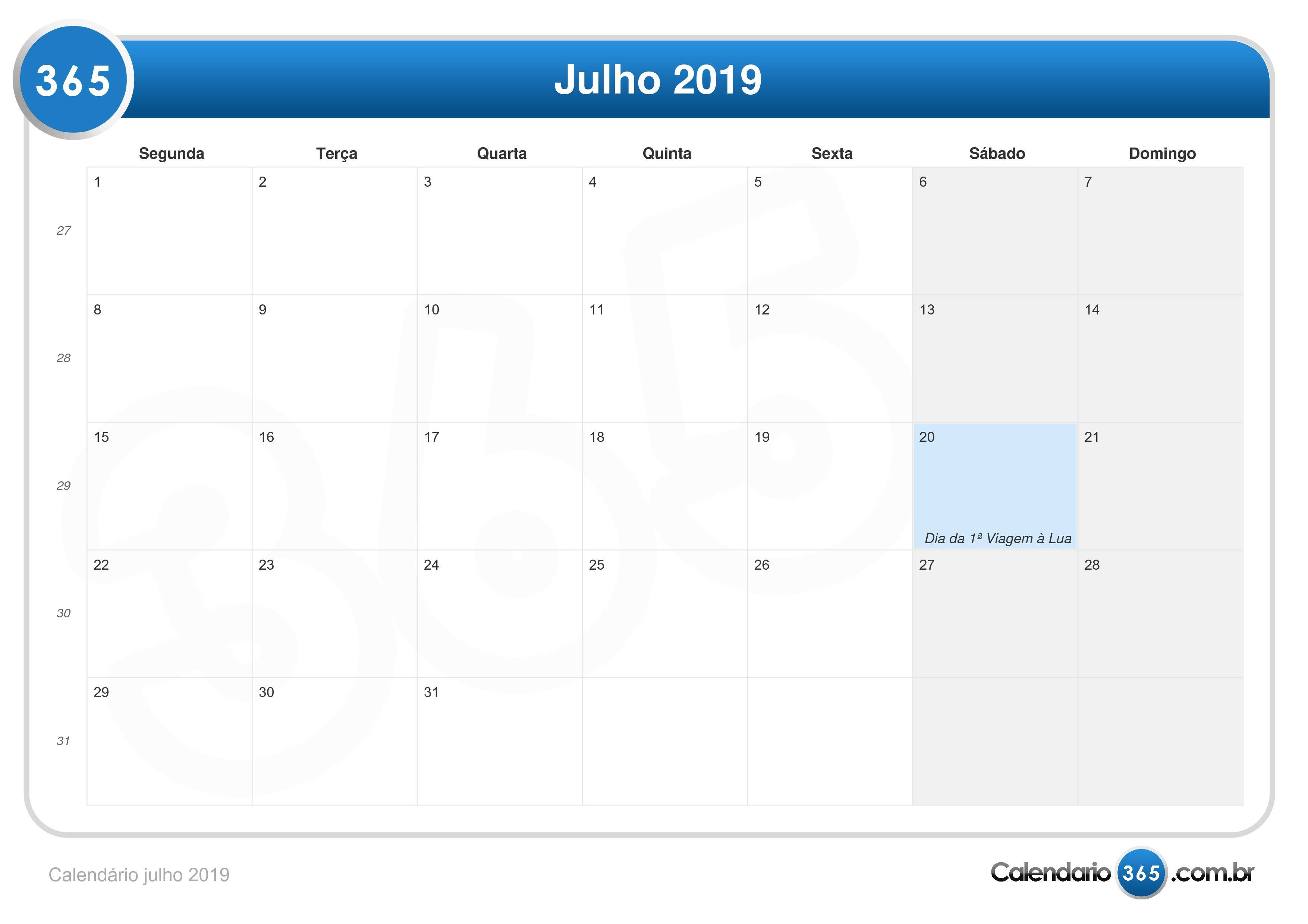Calendário julho 2019 Calendário julho 2019