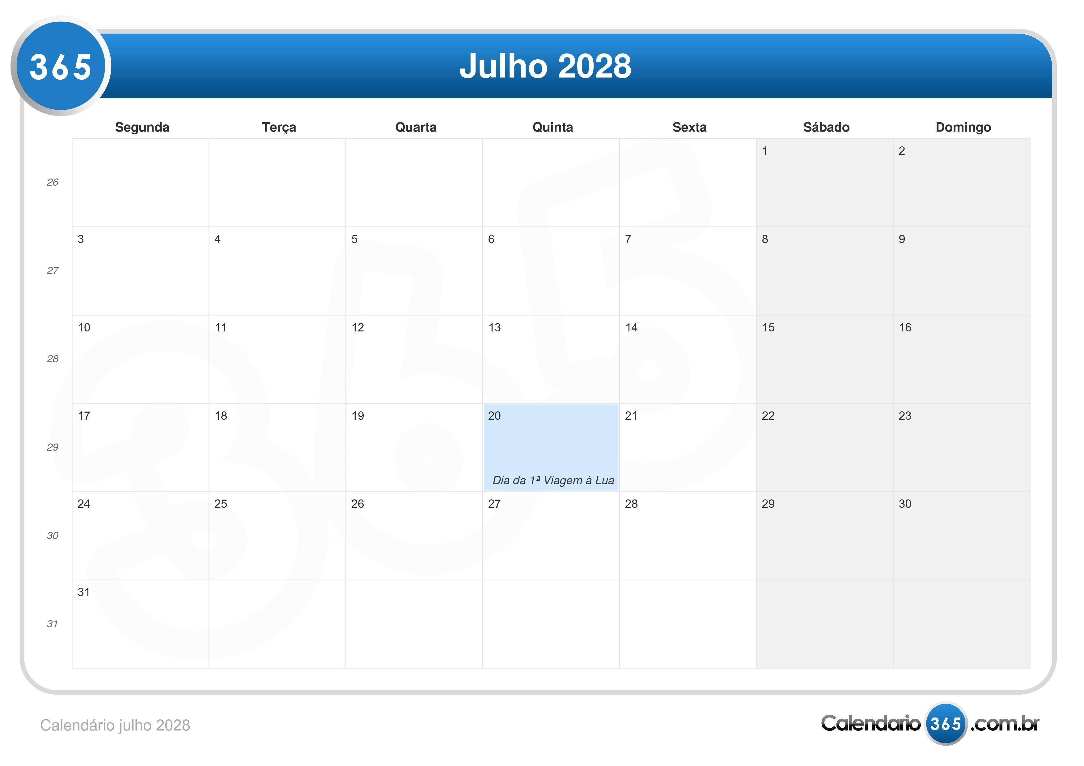Calendário julho 2028 Calendário julho 2028