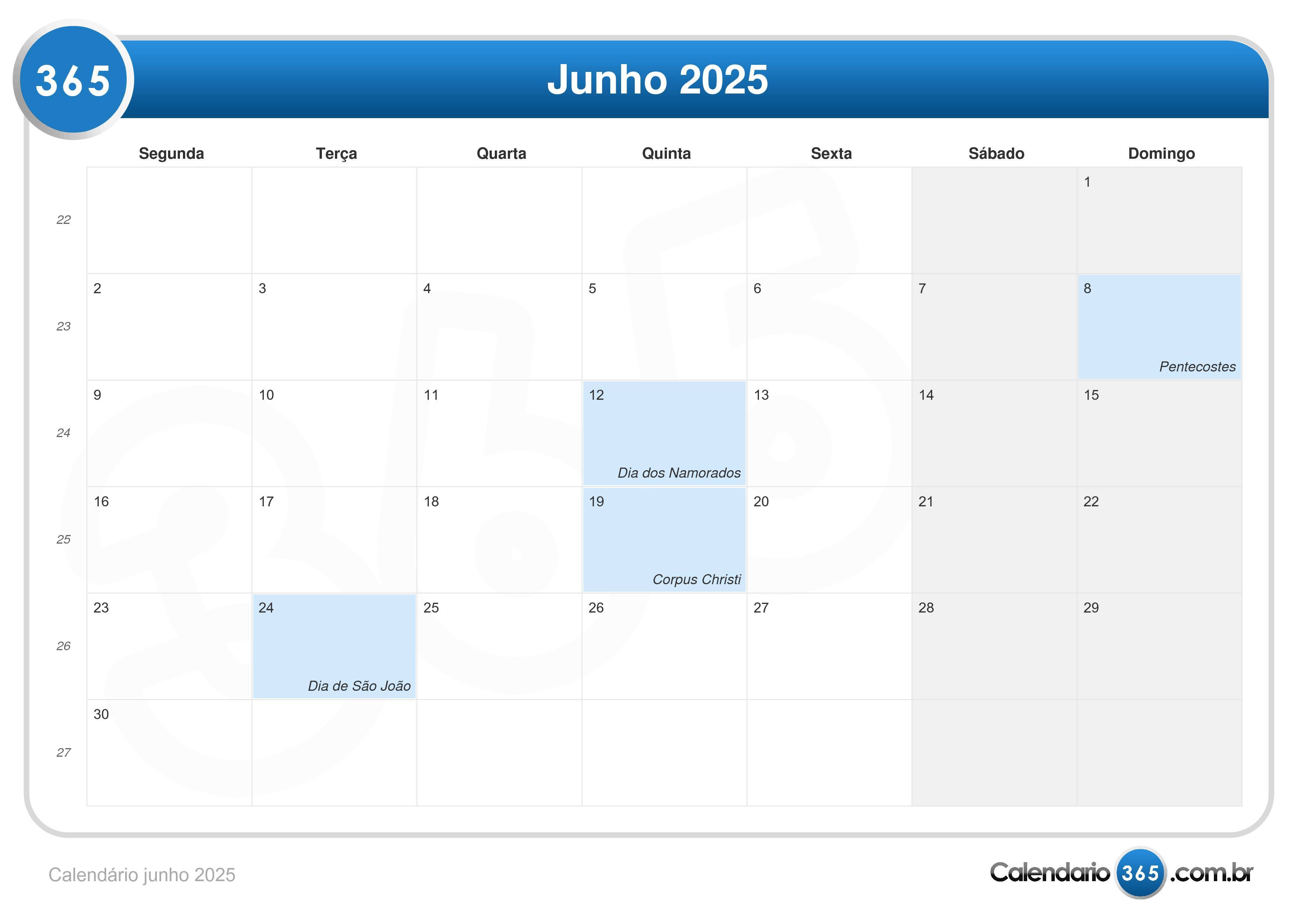 Calendário junho 2025