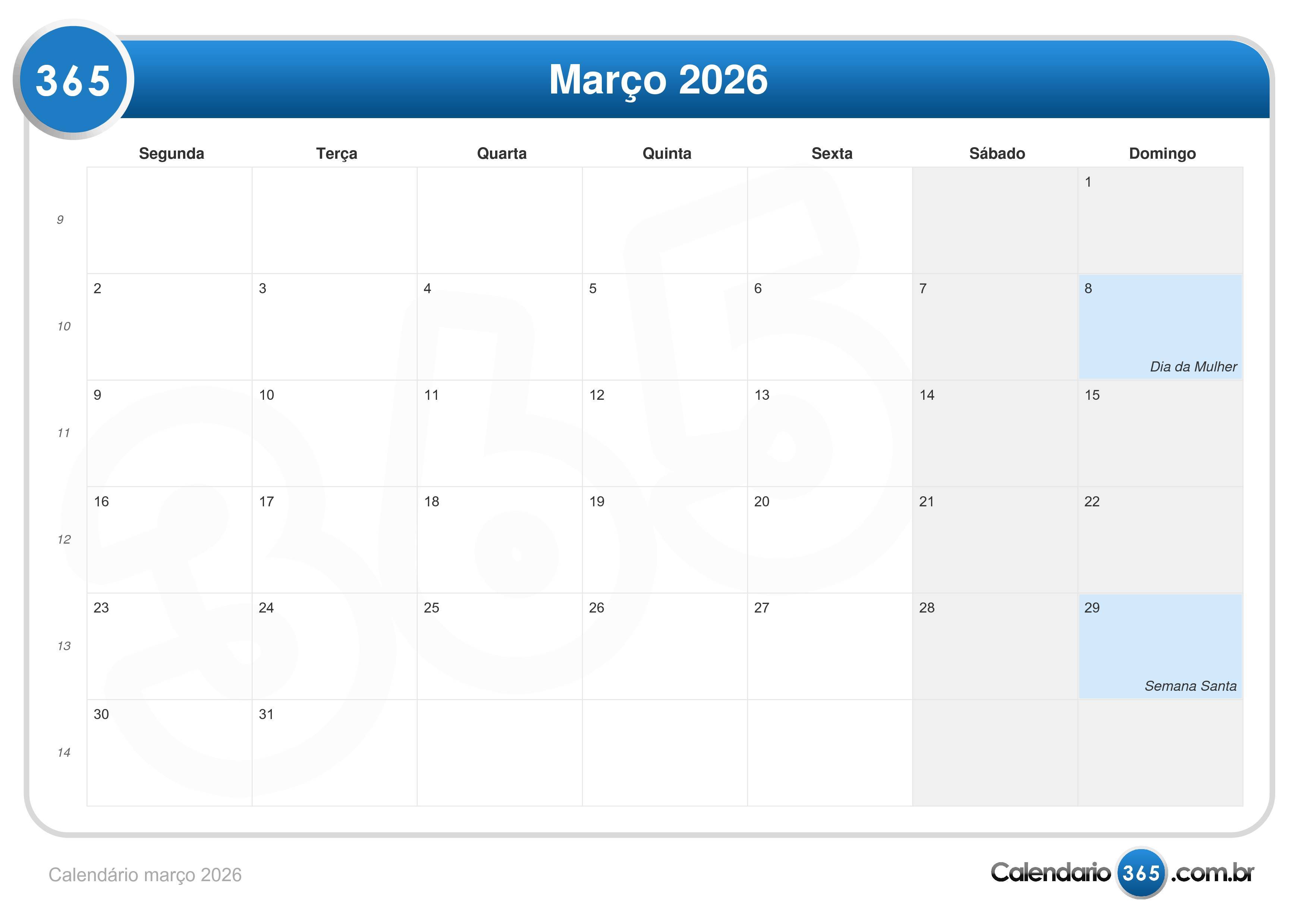 Calendário março 2026