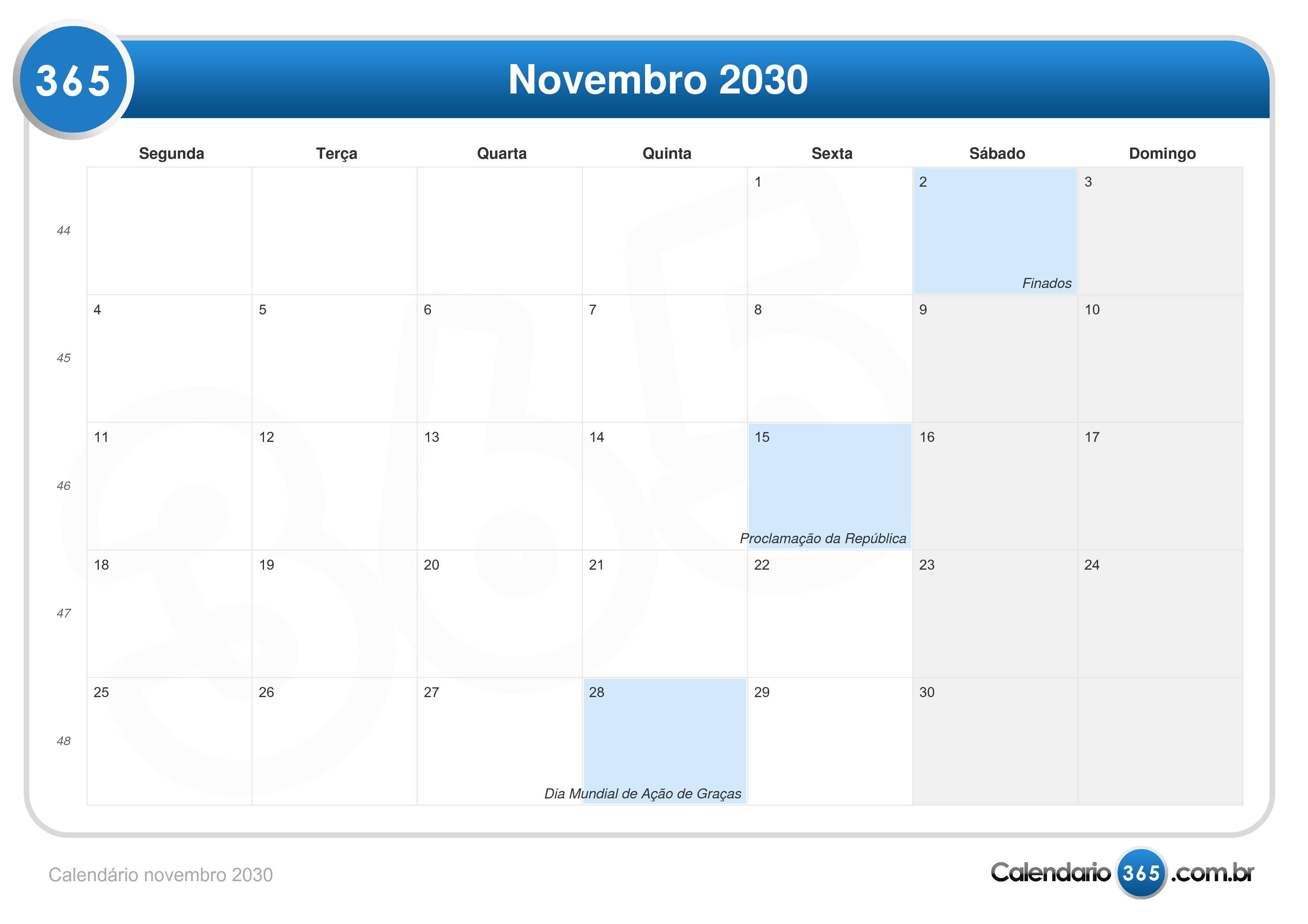 Calendário novembro 2030