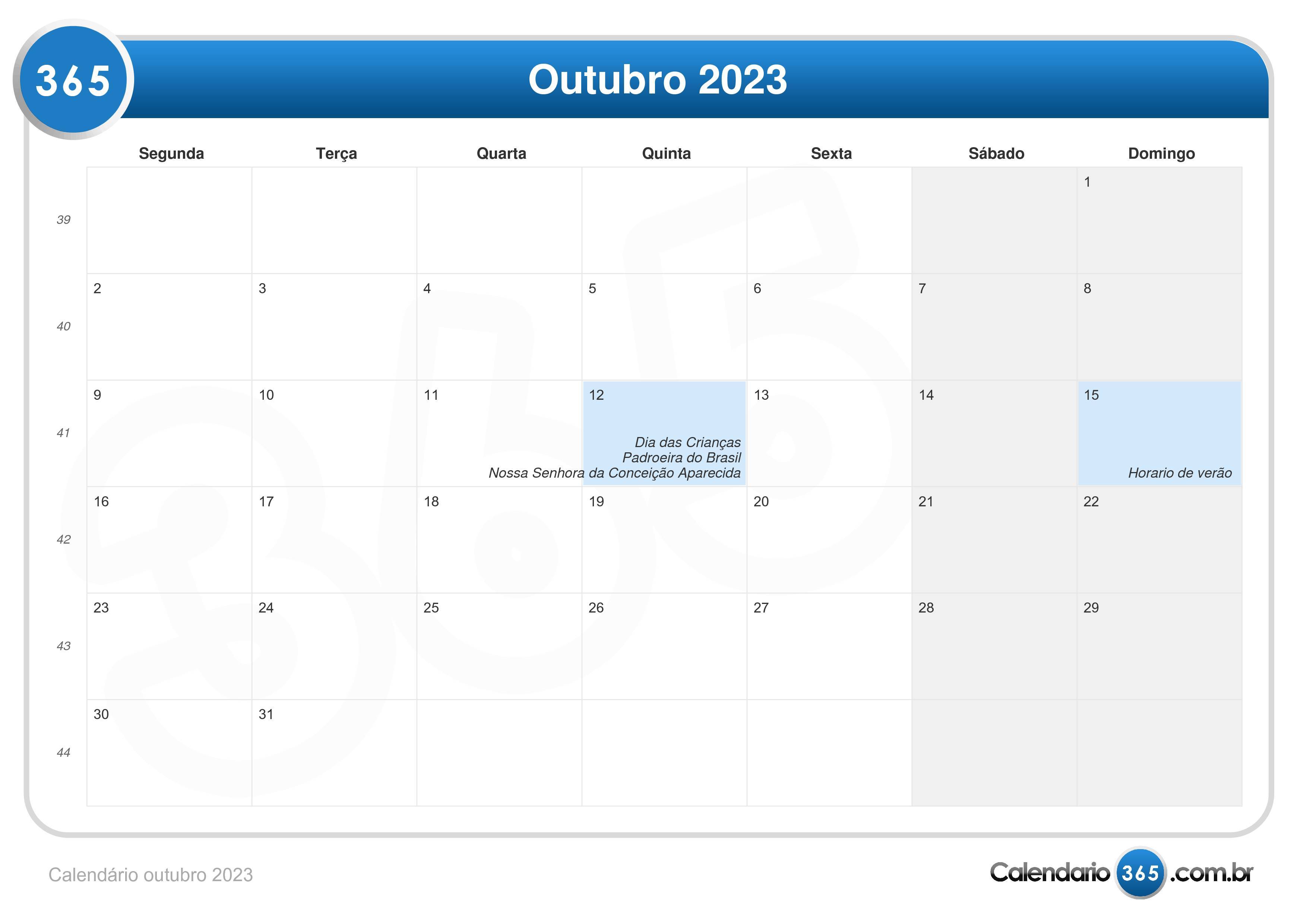 Calendário outubro 2023